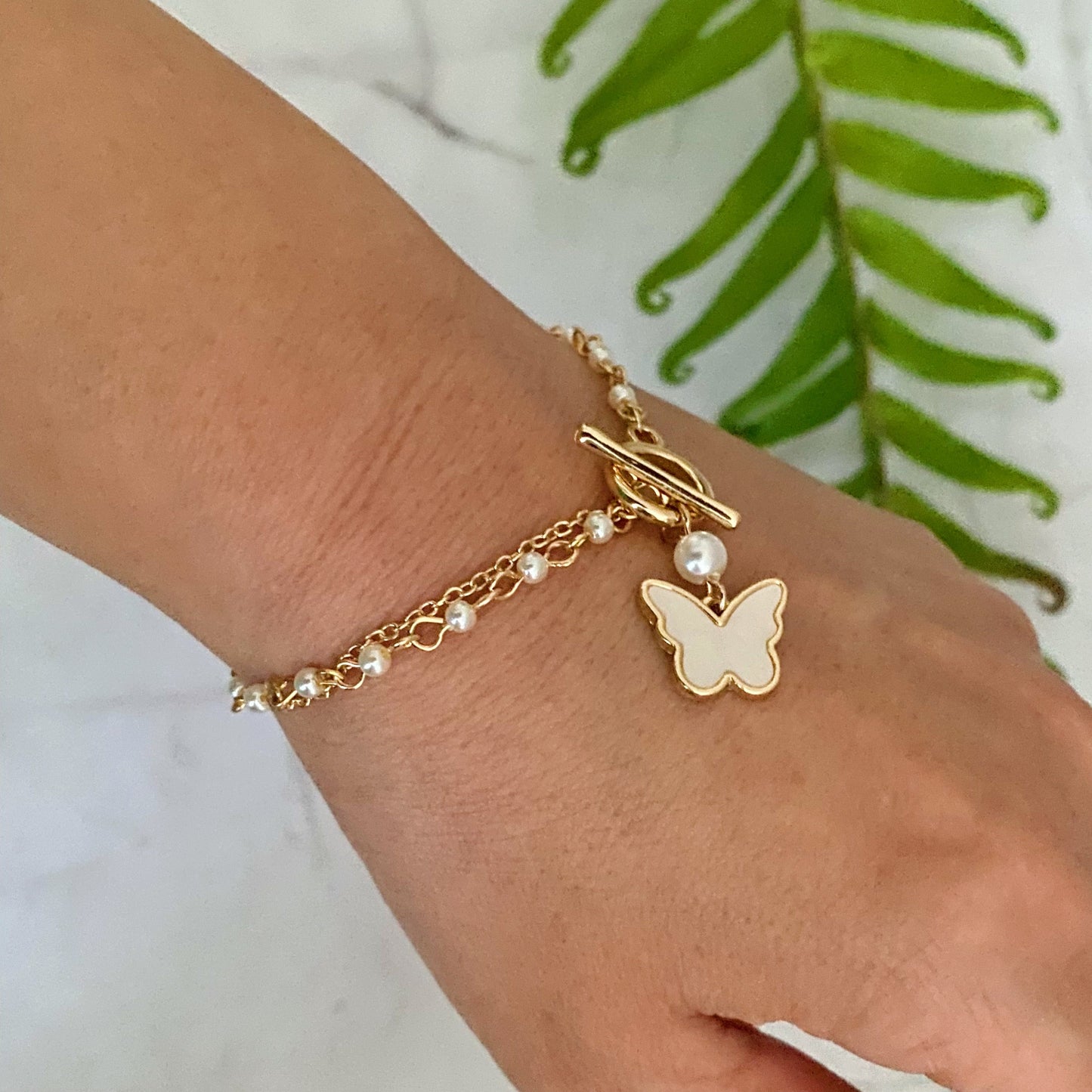 Gold Plated Pearl Chain Butterfly Bracelet