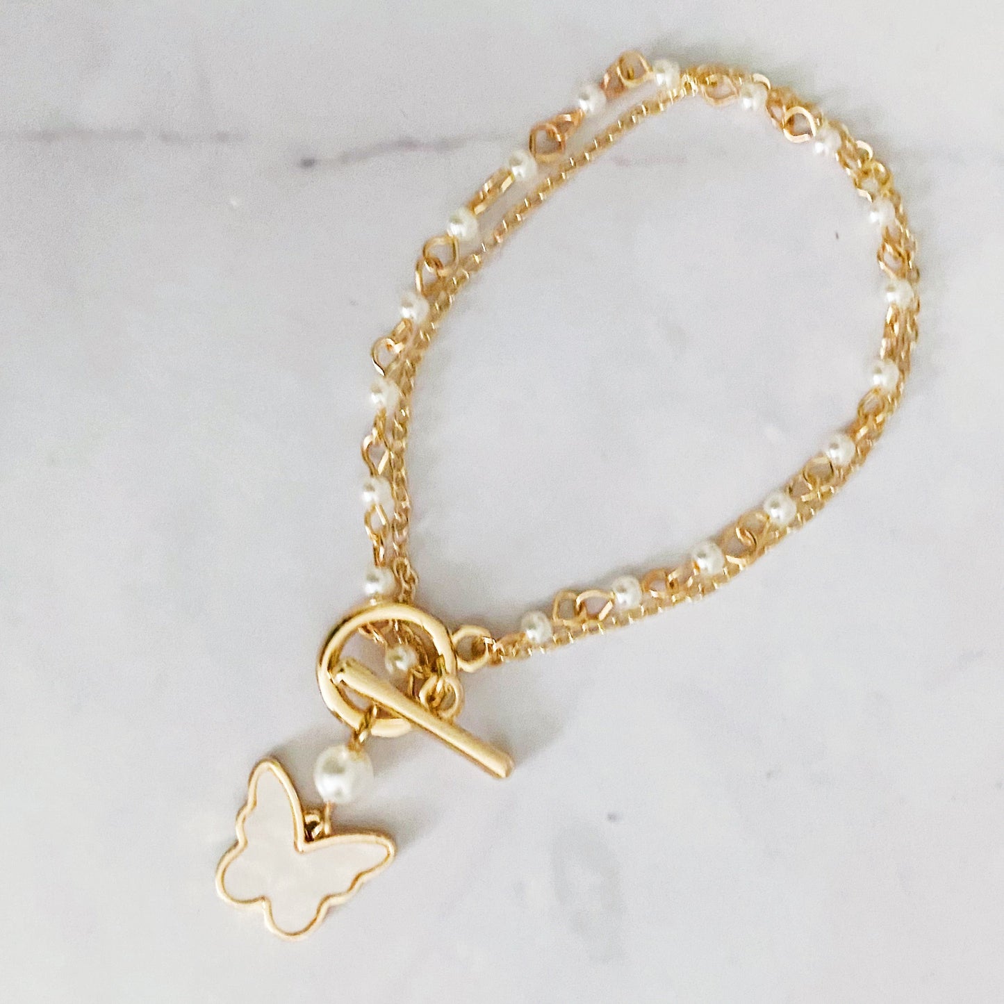 Gold Plated Pearl Chain Butterfly Bracelet