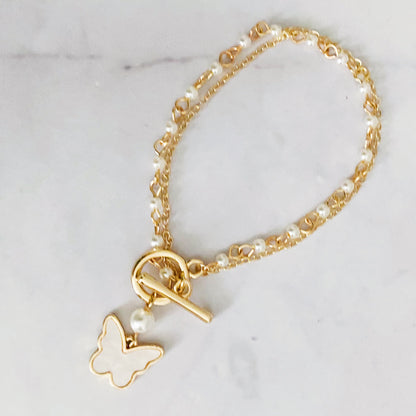 Gold Plated Pearl Chain Butterfly Bracelet