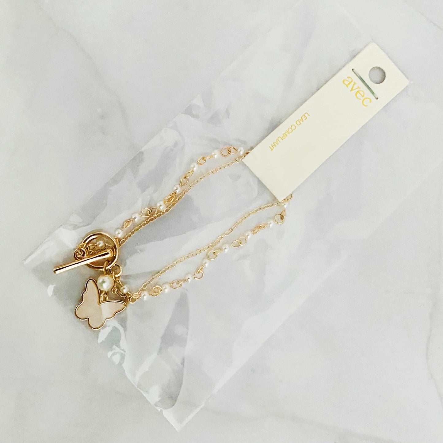 Gold Plated Pearl Chain Butterfly Bracelet