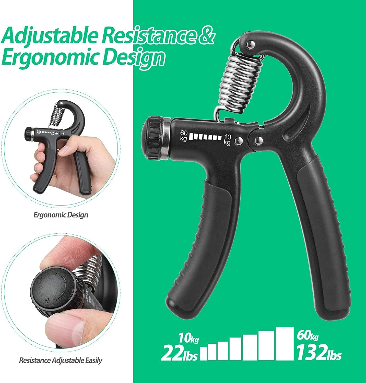 Adjustable Hand Grip Strengthener Adjustable Resistance 22-132Lbs (10-60Kg), Forearm Strengthener