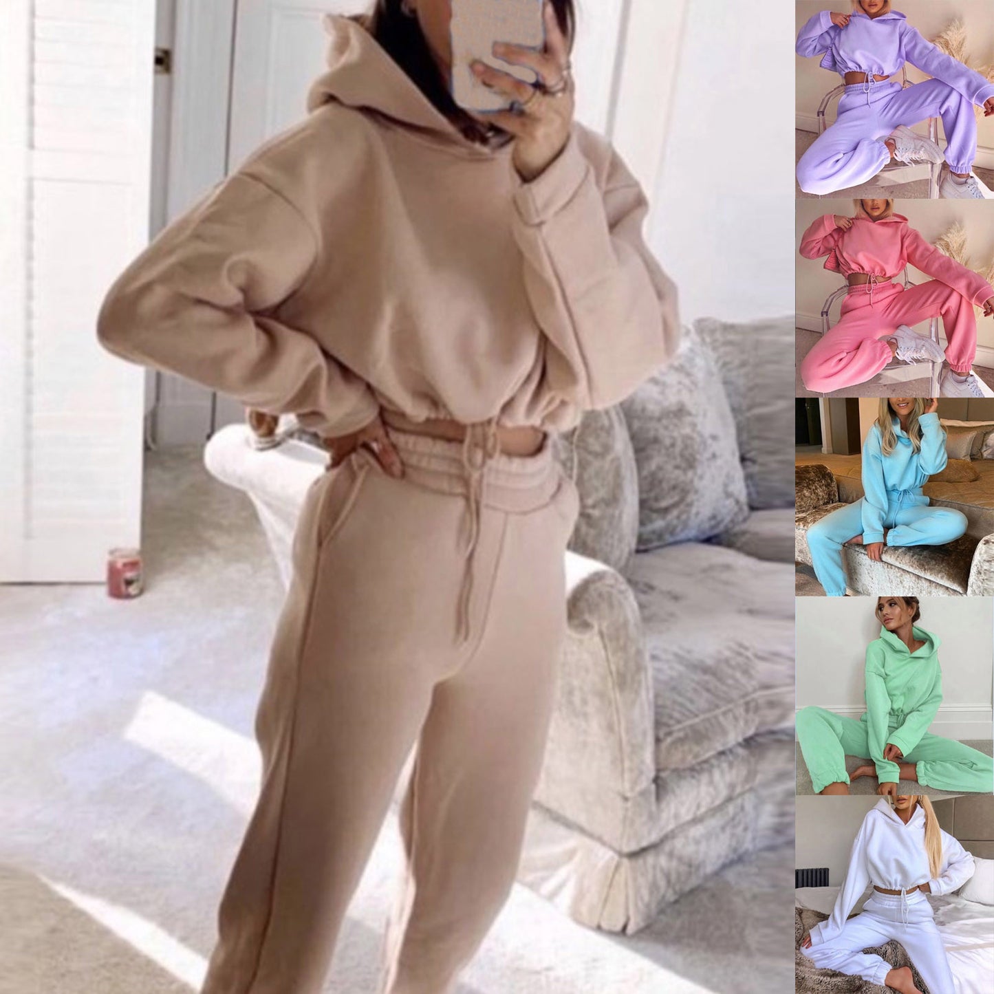 Solid Color Women's 2-Piece Long Sleeve Hoodie & Casual Fitness Sportswear Set