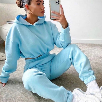 Solid Color Women's 2-Piece Long Sleeve Hoodie & Casual Fitness Sportswear Set