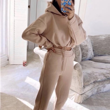 Solid Color Women's 2-Piece Long Sleeve Hoodie & Casual Fitness Sportswear Set